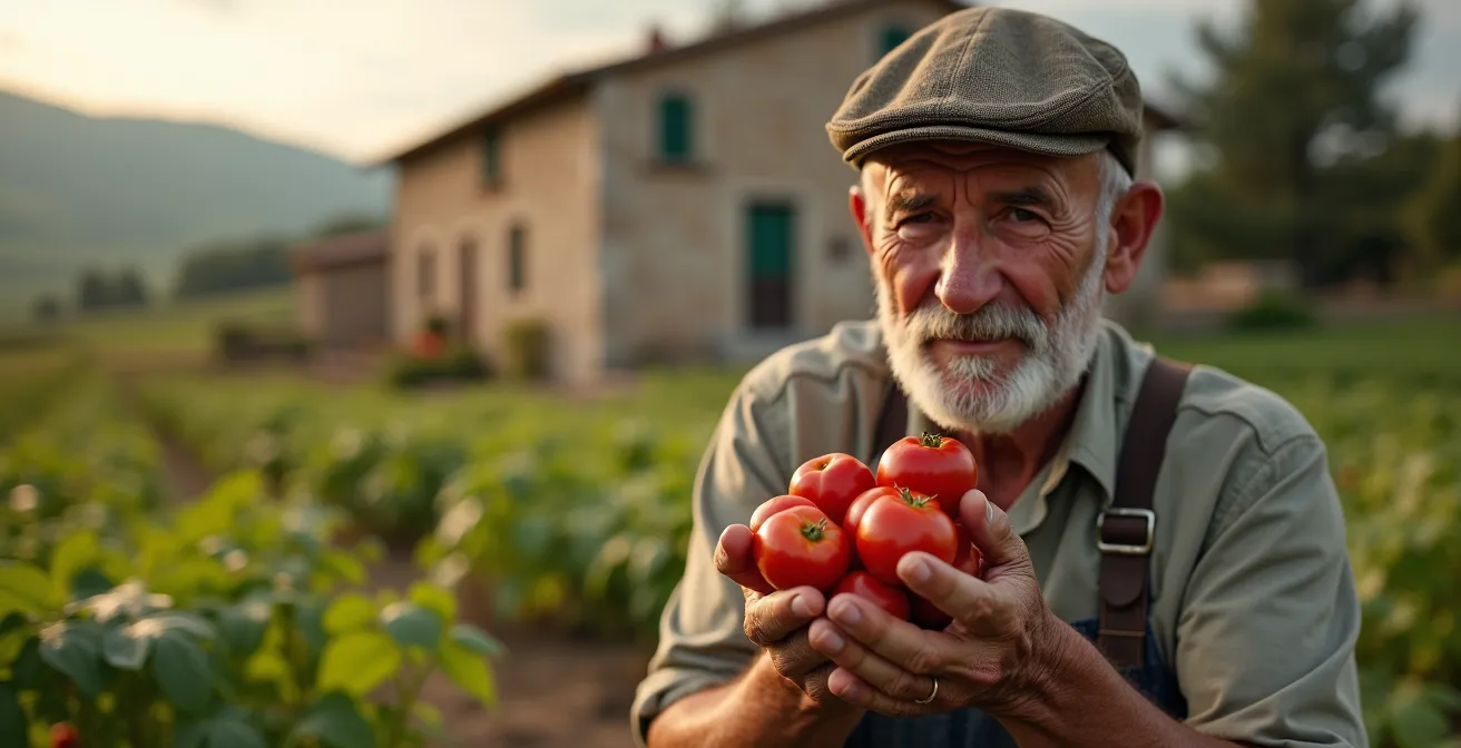 Contadino anziano raccoglie verdure nell'orto di un agriturismo con cascina storica sullo sfondo