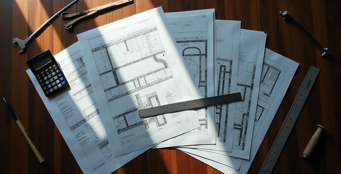 Documenti tecnici di cantiere con computo metrico e capitolato su tavolo da lavoro