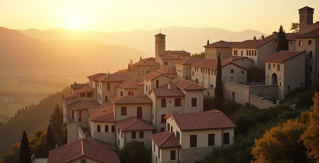 Vista aerea di un borgo medievale italiano con antenne moderne discrete integrate nell'architettura storica