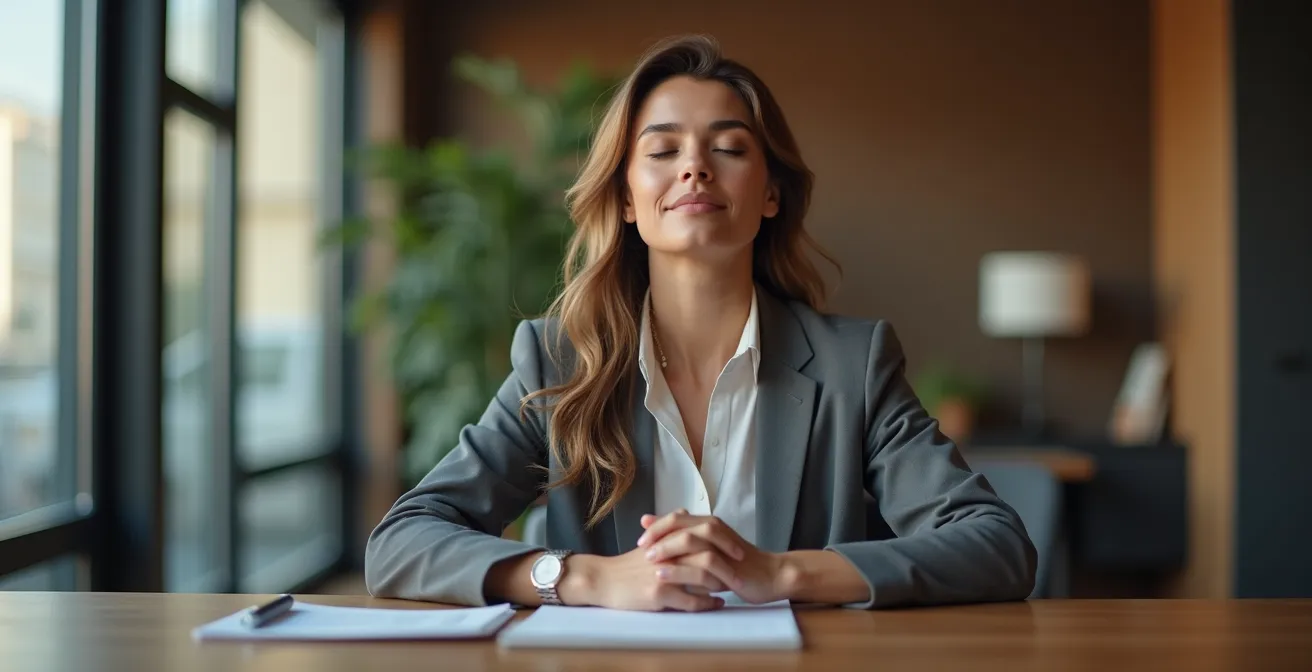 Professionista italiano pratica respirazione quadrata discretamente alla scrivania