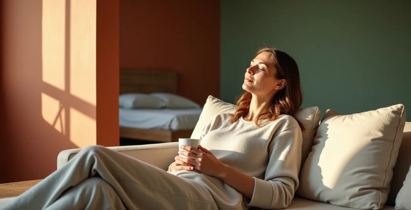 Monolocale con color zoning, parete verde salvia zona notte e terracotta zona giorno