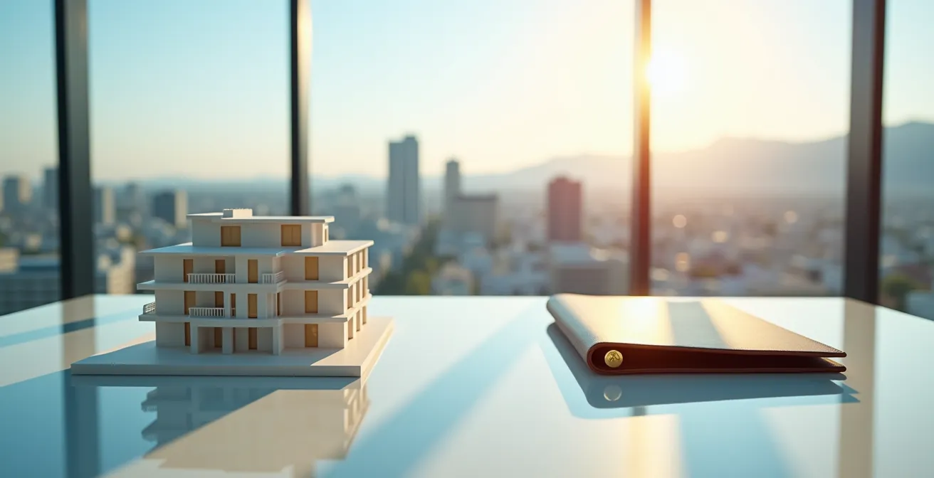 Bilancia con una casa modello da un lato e un portafoglio documenti finanziari dall'altro, a simboleggiare la scelta di investimento in Italia.