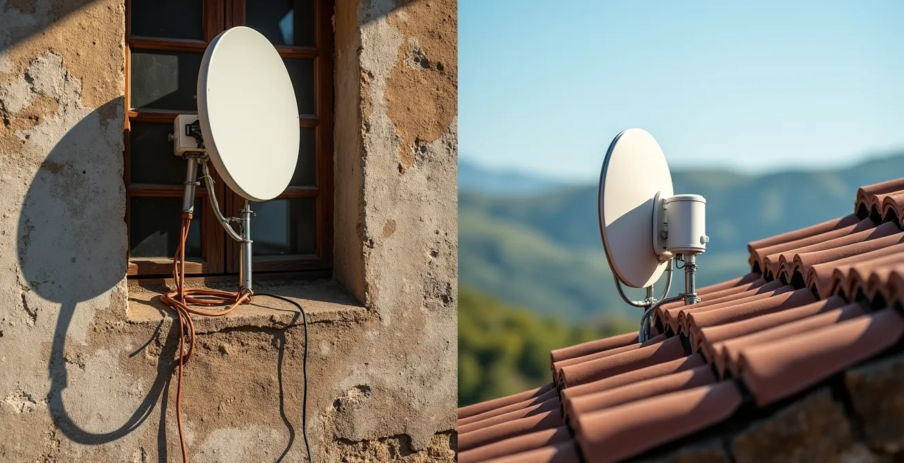 Confronto visivo tra antenna FWA 5G e vecchio cavo ADSL in un casolare di provincia italiana