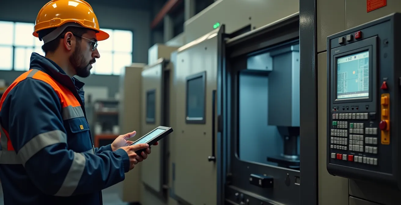 Operaio metalmeccanico monitora macchina CNC con tablet industriale in officina italiana