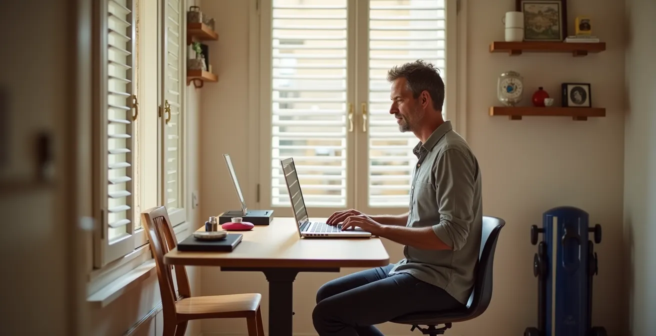Standing desk regolabile in altezza in un bilocale milanese con vista sui tetti della città