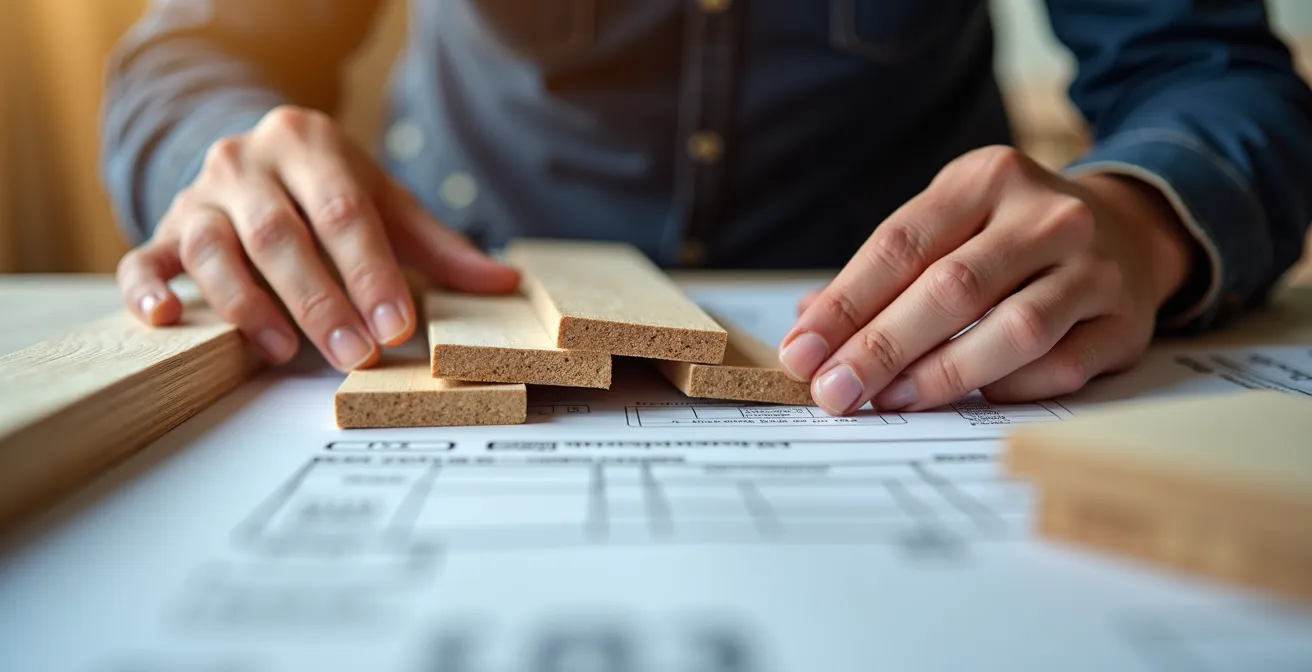 Professionista che esamina campioni di materiali da costruzione con documentazione tecnica