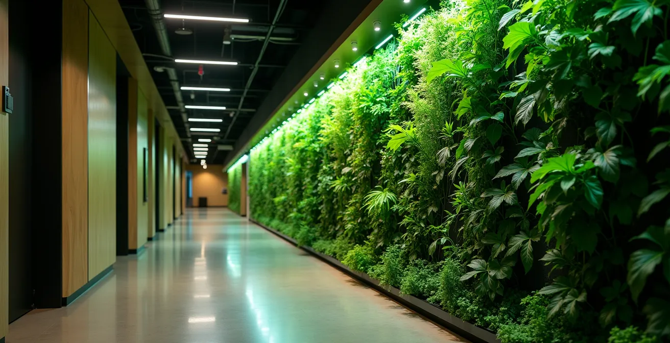 Corridoio moderno di ufficio italiano con parete vegetale illuminata da sistema LED integrato