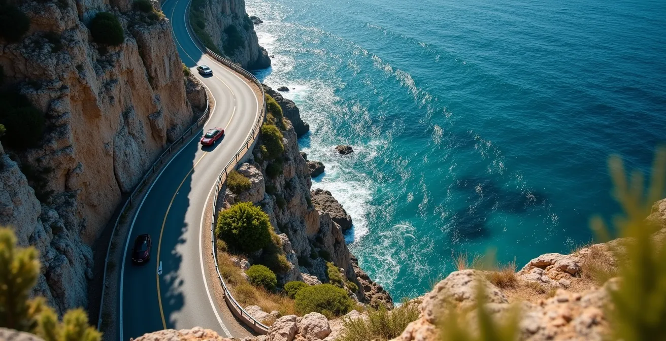 Vista aerea della strada costiera amalfitana con le sue curve strette e il mare blu