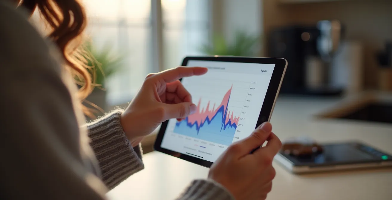 Mano che indica un grafico di temperatura notturna su tablet mostrando la curva di dispersione termica