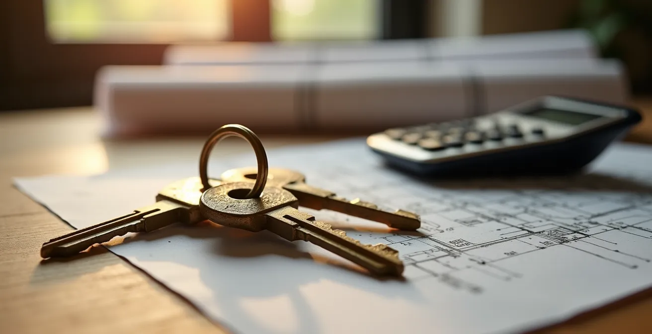 Chiavi di casa antiche appoggiate su preventivi e documenti per lavori di ristrutturazione.