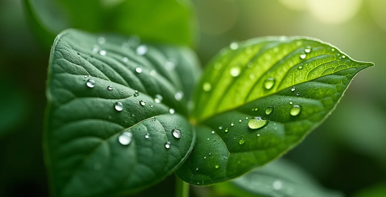 Dettaglio ravvicinato delle foglie di Pothos e Felce con gocce d'acqua in luce naturale soffusa