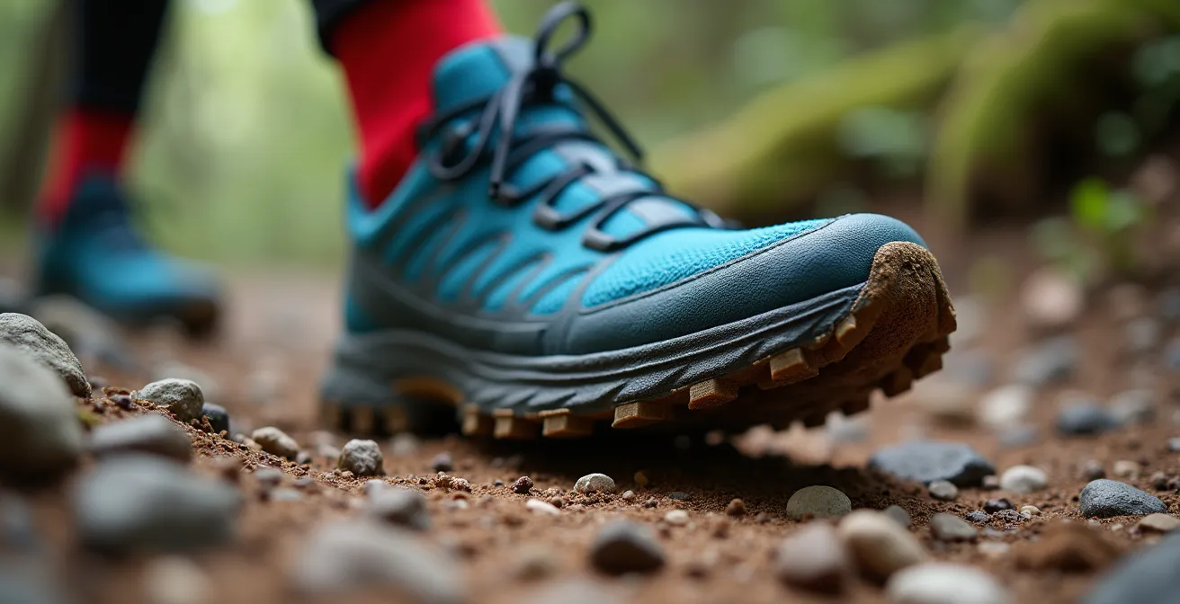 Dettaglio macro della suola di una scarpa da trail su terreno misto italiano