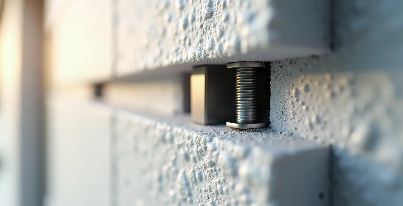 Dettaglio tecnico di tasselli a taglio termico per fissaggio tenda su cappotto