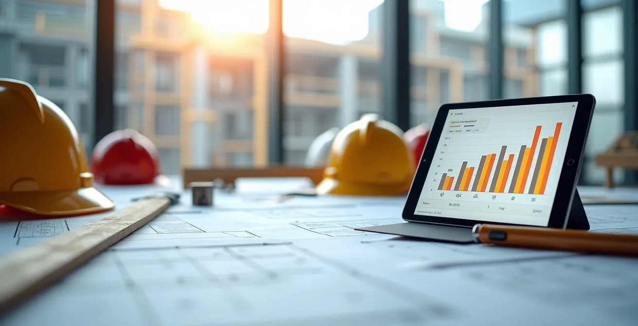 Tablet che mostra diagramma di Gantt colorato per pianificazione lavori cantiere