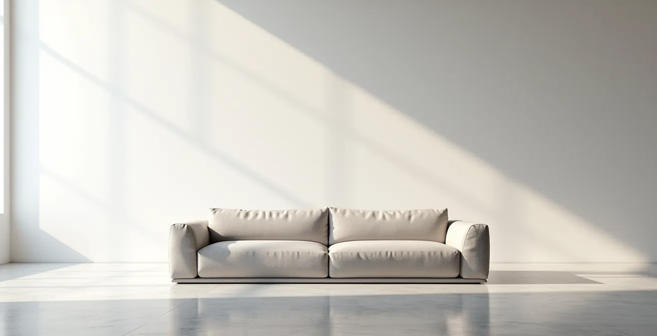 Divano di design italiano come elemento monolitico in un ambiente minimalista con ampio spazio negativo