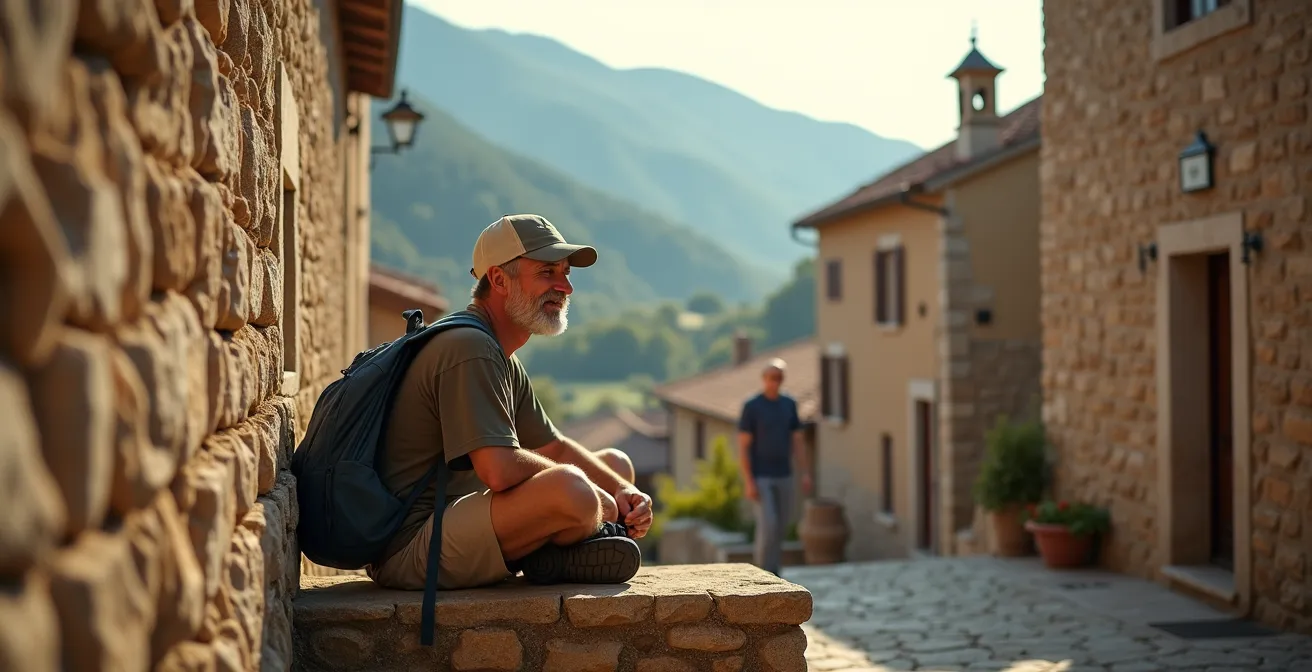Escursionista seduto su muretto di pietra in un piccolo borgo appenninico con vista sulla valle