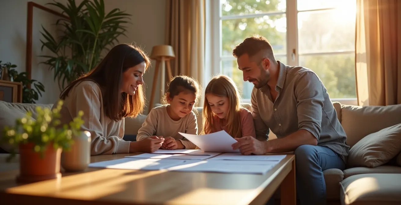 Famiglia italiana valuta documenti assicurativi per risparmio con polizze raggruppate