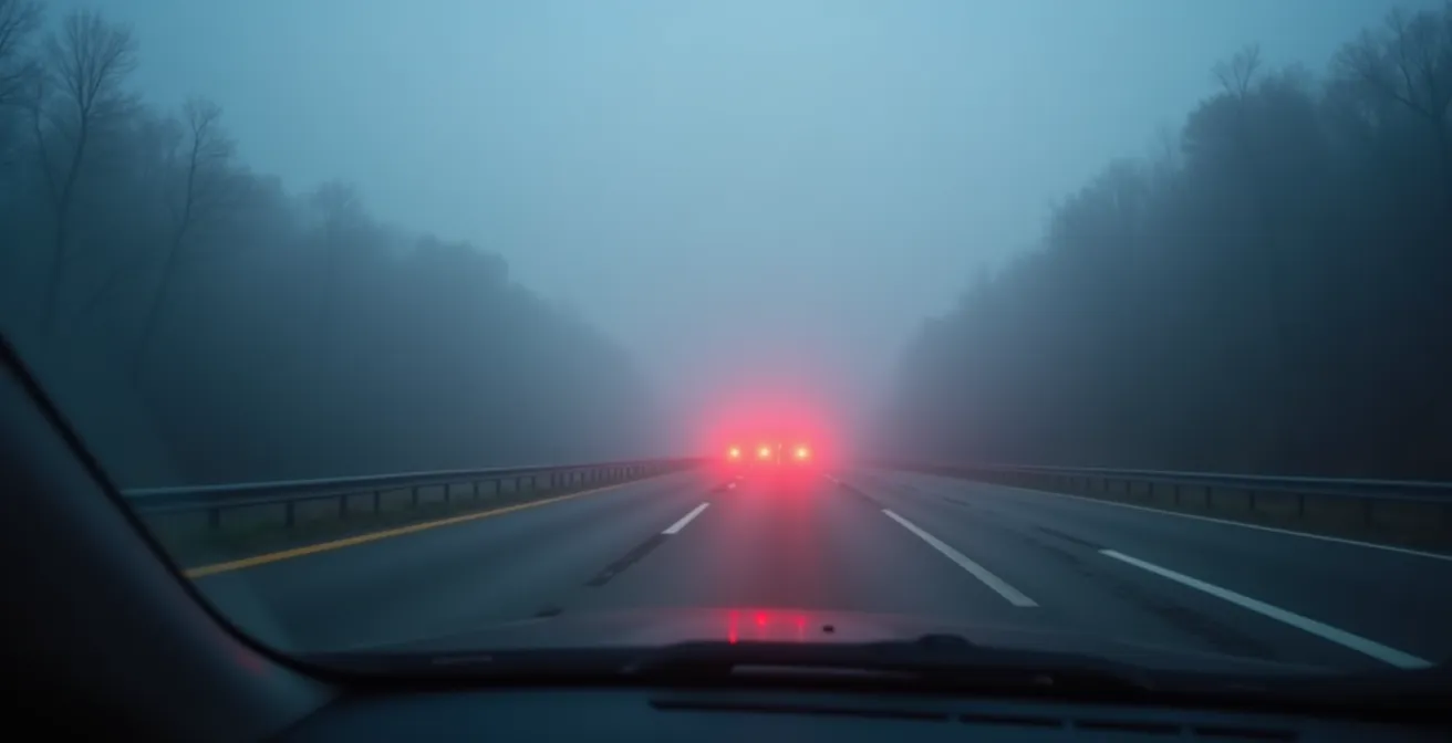 Vista dall'interno dell'auto con fendinebbia accesi su autostrada padana nella nebbia fitta