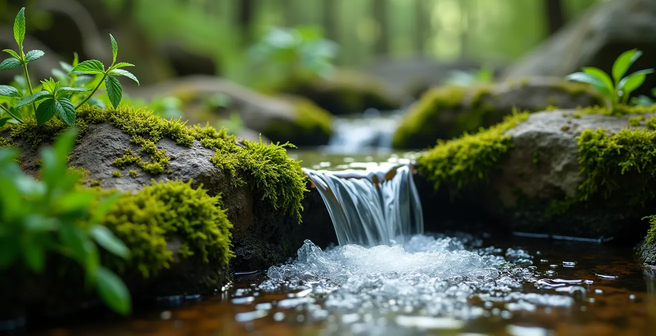 Dettaglio ravvicinato di una piccola sorgente d'acqua tra rocce coperte di muschio con vegetazione rigogliosa