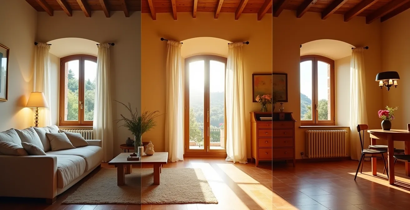 Soggiorno italiano con luci smart che cambiano temperatura colore durante il giorno