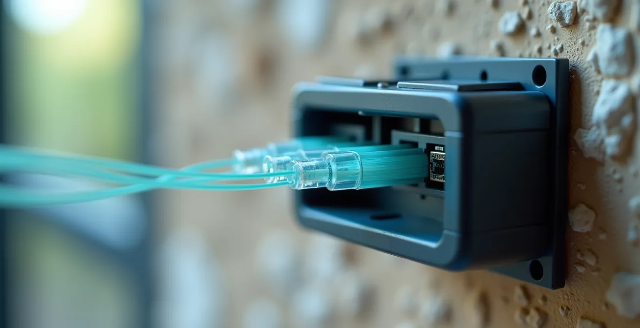 Borchia ottica FTTH installata nel punto di ingresso domestico con cavo fibra