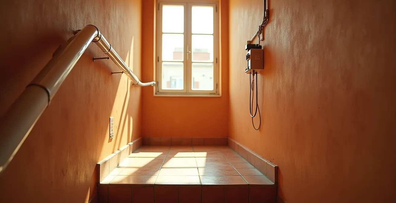 Tecnico che installa la fibra ottica verticale in un palazzo condominiale