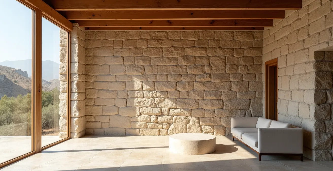 Interno contemporaneo con muro in pietra antica e struttura in legno lamellare