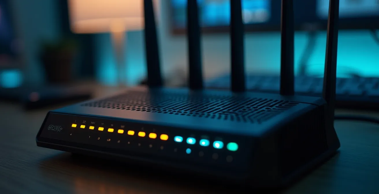 Dettaglio ravvicinato di apparecchiature di rete con router professionale e gruppo di continuità in un ambiente di lavoro domestico