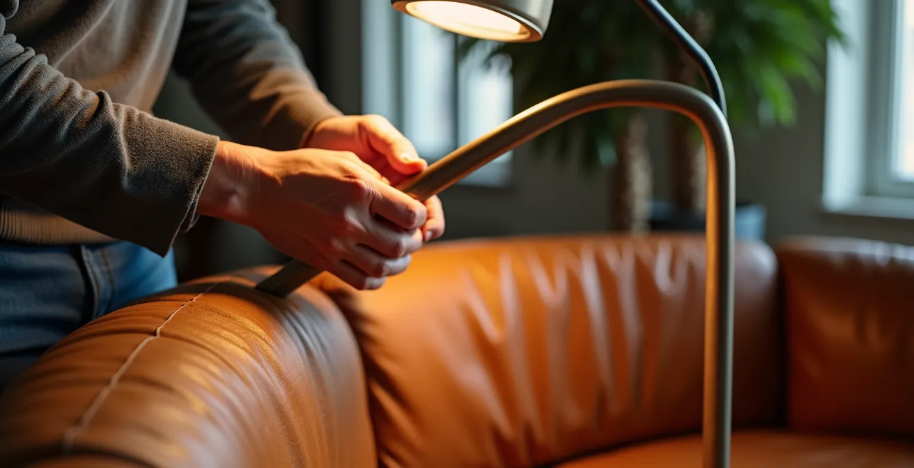 Lampada Arco di Castiglioni che illumina un divano artigianale in pelle italiana