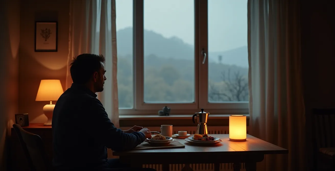 Lampada per luminoterapia accesa su scrivania durante colazione mattutina in ambiente domestico italiano