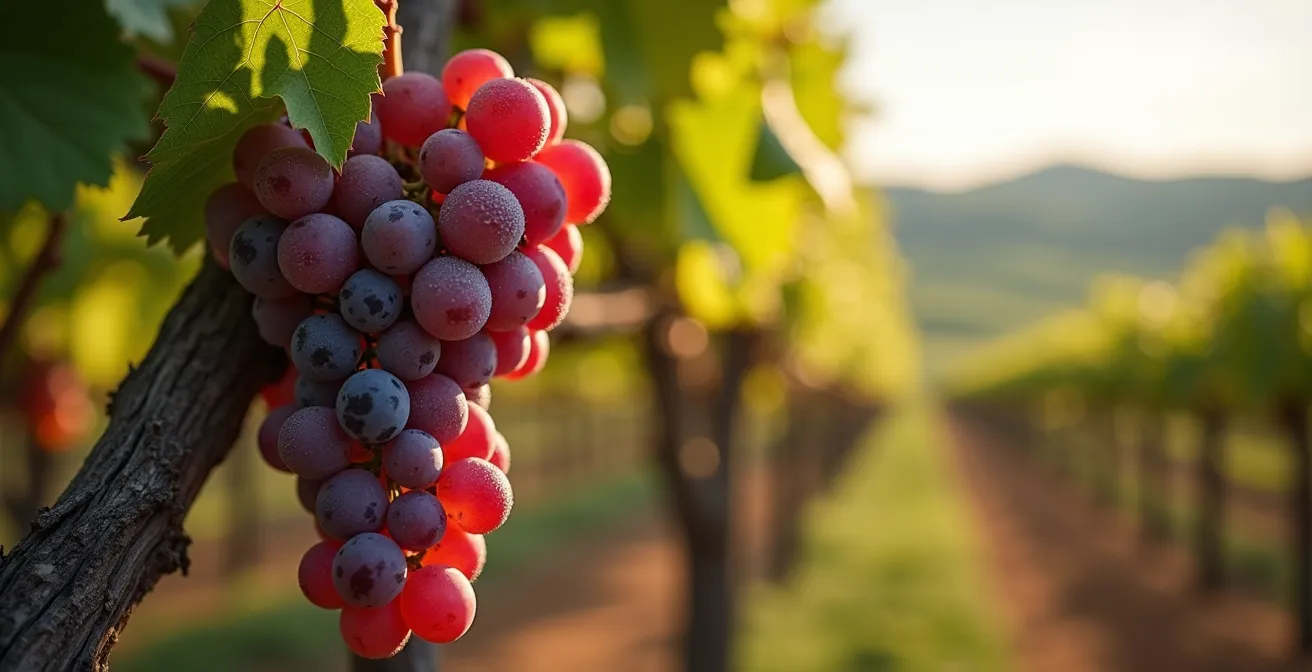 Filari di vigne nelle Langhe al tramonto con colline ondulate sullo sfondo