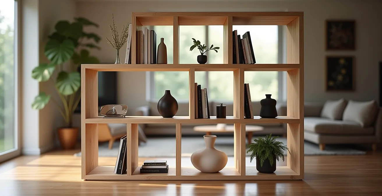 Libreria bifacciale moderna che divide gli ambienti lasciando passare la luce