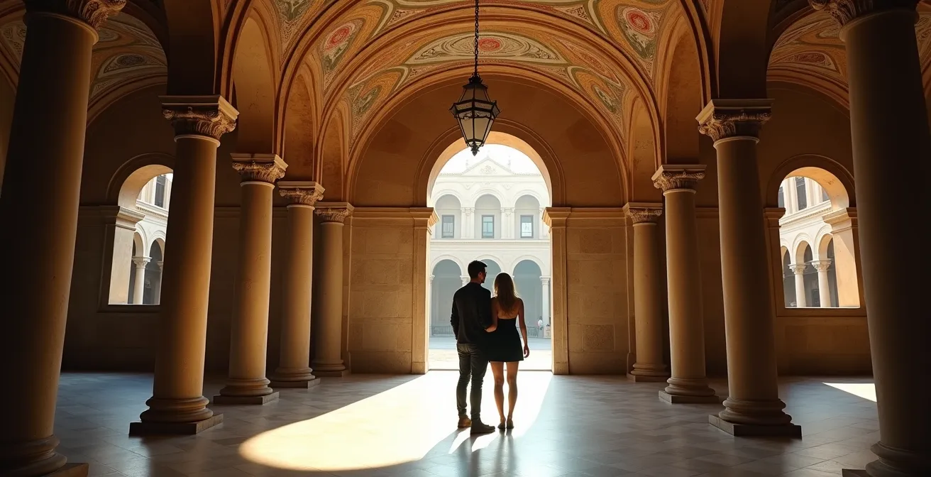 Cortile rinascimentale con arcate e affreschi in una giornata di sole a Mantova