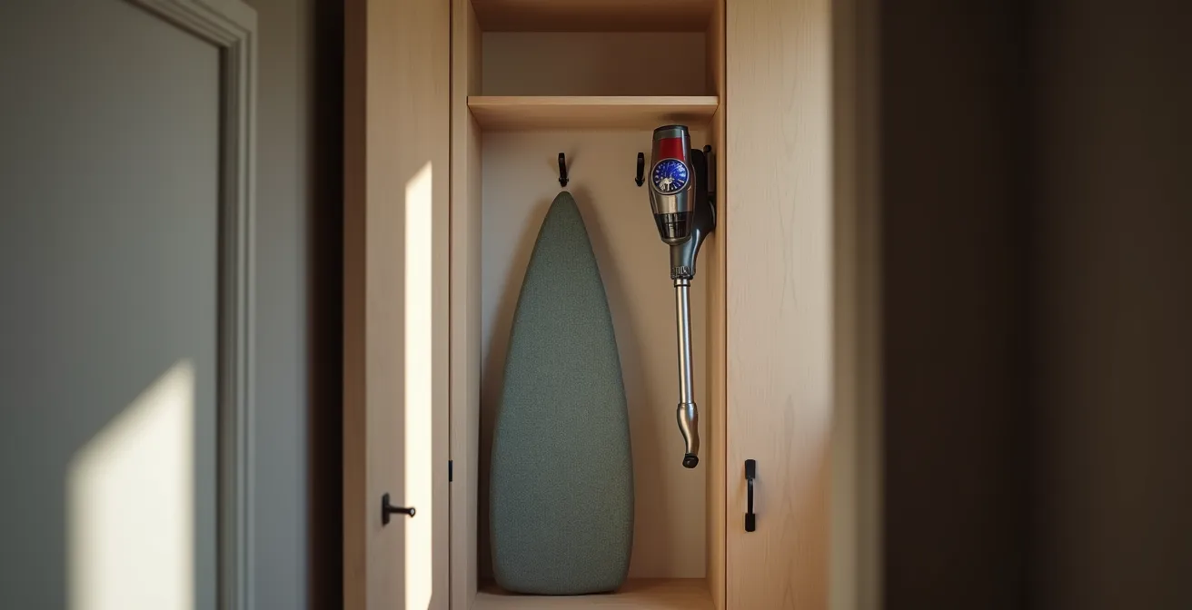 Nicchia verticale con asse da stiro e aspirapolvere nascosti dietro una porta