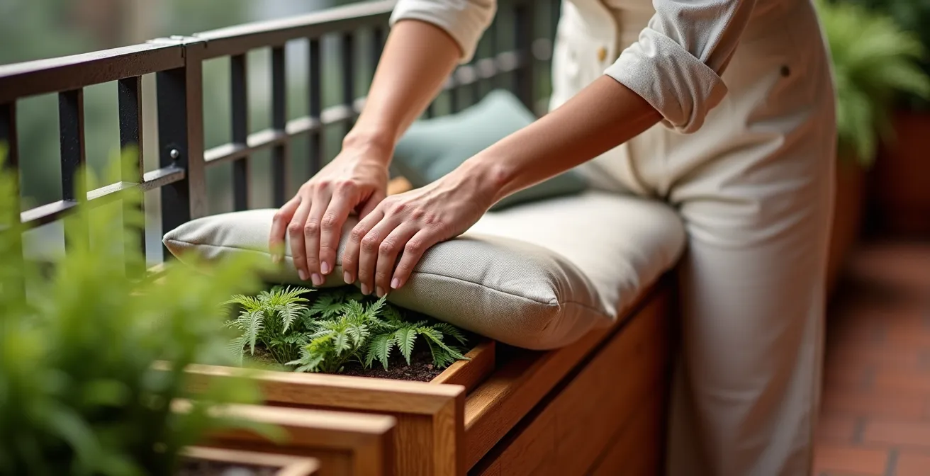 Panca contenitore con fioriera integrata su balcone stretto