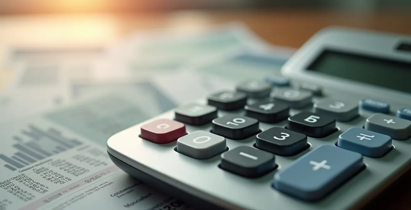 Documenti finanziari e calcolatrice su tavolo con progetti di ristrutturazione