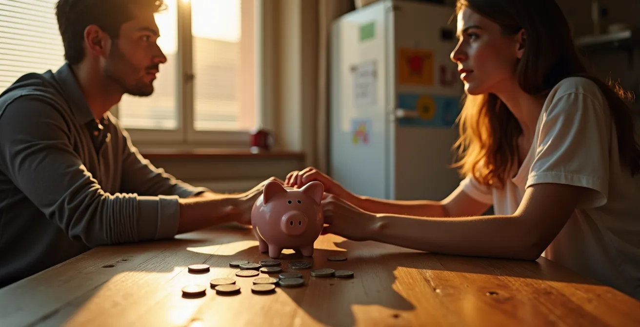 Calcolatrice e documenti finanziari su tavolo con sfondo sfocato di famiglia italiana