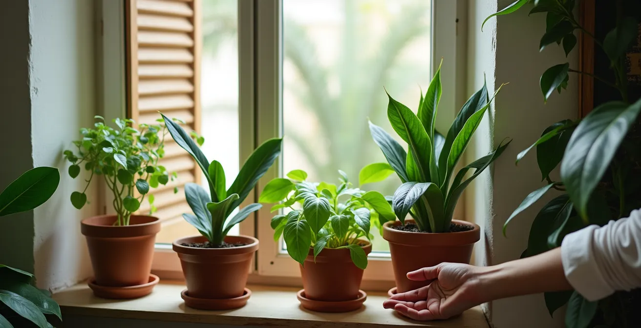 Angolo di appartamento italiano con piante che prosperano in condizioni di scarsa luminosità