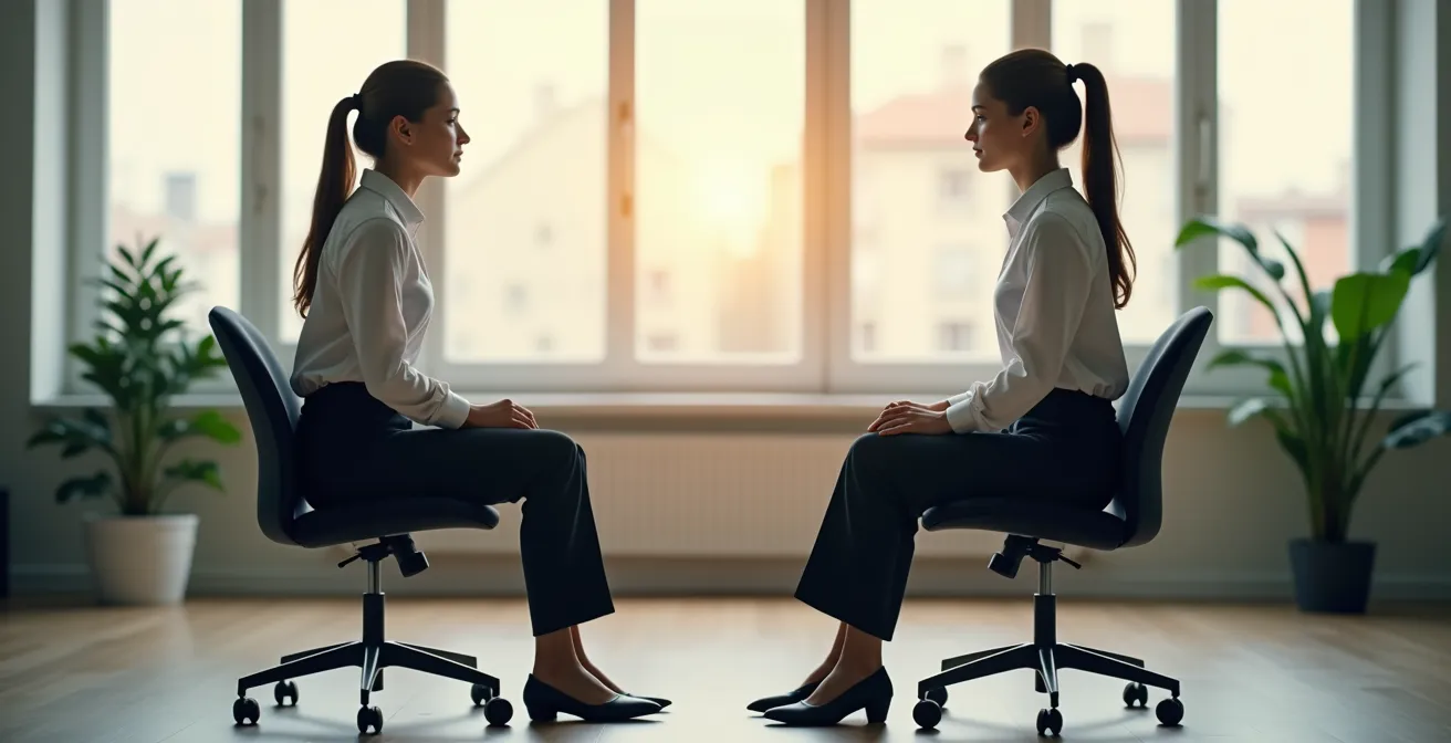 Confronto posturale tra seduta corretta con piedi appoggiati a terra e scorretta con gambe accavallate, con focus sul disallineamento del bacino