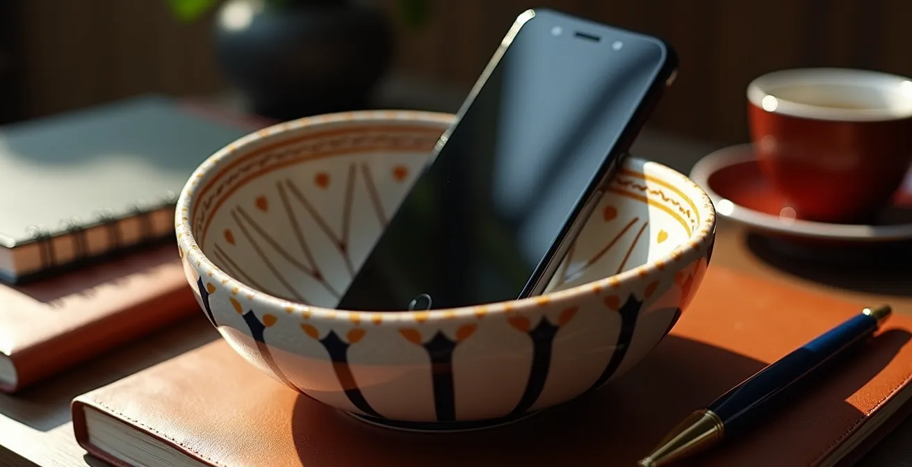 Smartphone con impostazioni di focus automatiche in un ambiente di lavoro italiano