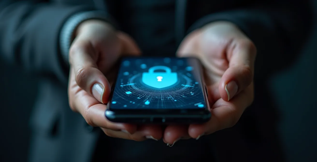 Mani che proteggono simbolicamente uno smartphone con elementi di sicurezza astratti