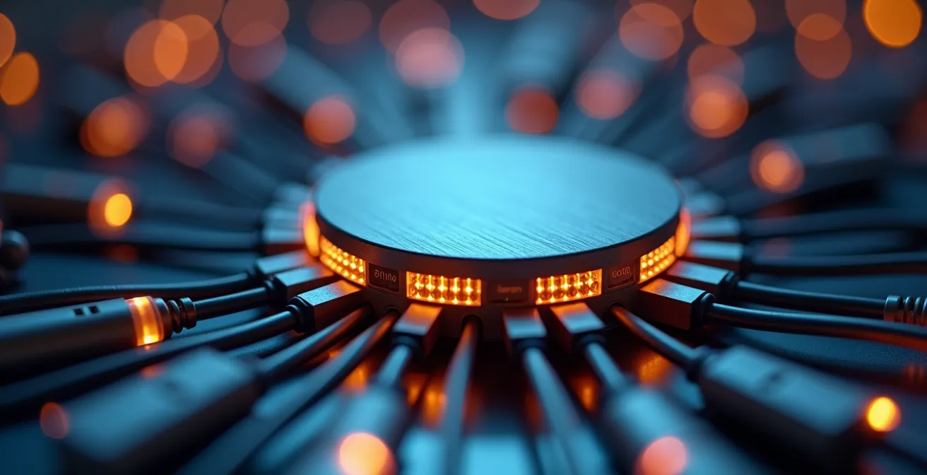 Hub centrale Matter che connette diversi dispositivi smart home con protocolli differenti