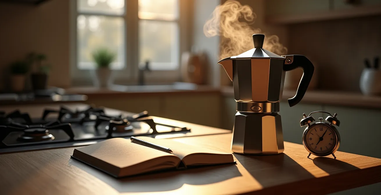 Moka italiana sul fornello con taccuino Kakeibo aperto sul tavolo della cucina