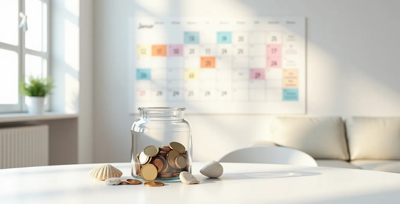 Salvadanaio trasparente con monete e dietro un calendario con i mesi evidenziati