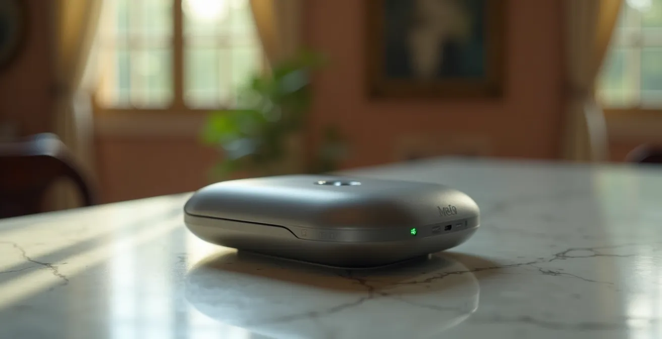 Sensore di CO2 posizionato su mobile in salotto italiano con indicatore luminoso