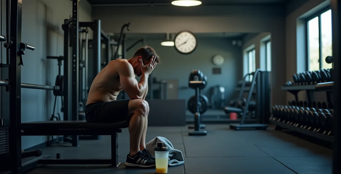 Atleta esausto mostra i segni del sovrallenamento in palestra