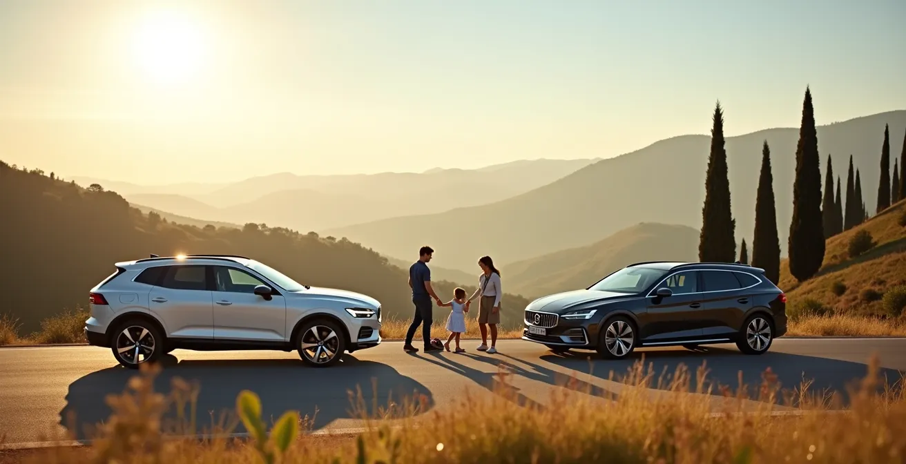 Confronto visivo tra SUV e station wagon con famiglia in viaggio