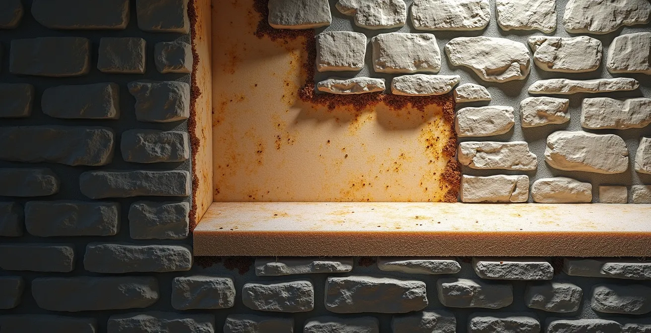 Sezione muro in pietra con umidità di risalita e sistema cappotto traspirante