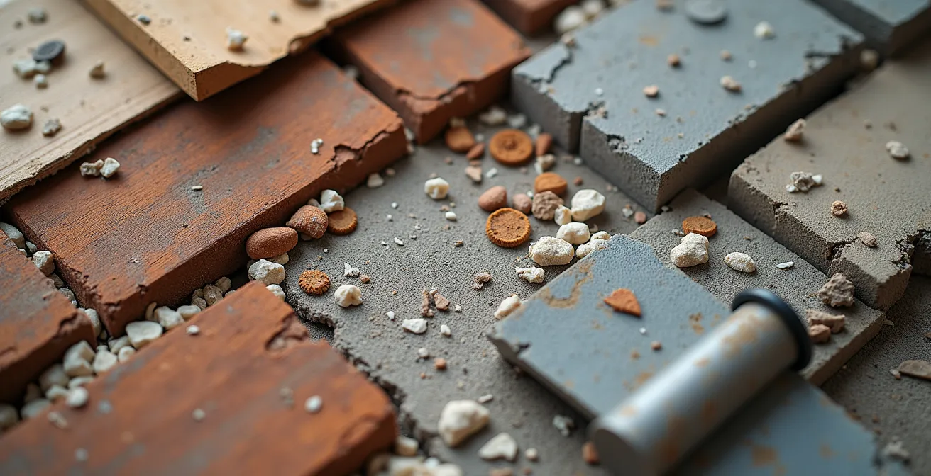 Vista macro dettagliata di materiali da costruzione e documenti immobiliari